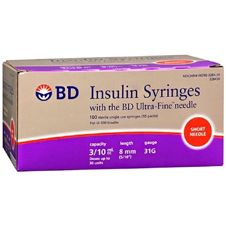 Insulin Syringe with Needle Ultra-Fine™ 0.3 mL 31 Gauge 5/16 Inch Attached Needle Without Safety